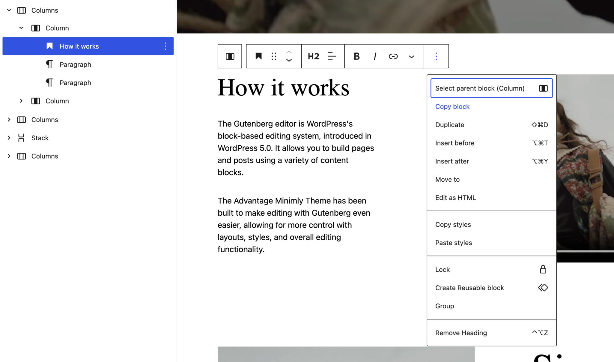 Advantage Minimly Theme How to Edit Gutenberg 1